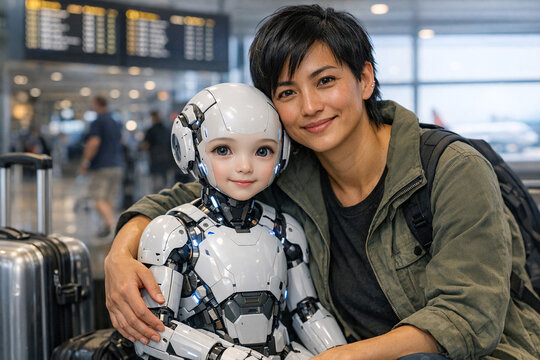 A mother with a backpack hugging her child, who is a robot, as they pass through the airport security checkpoint.