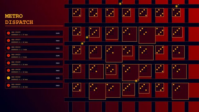 A digital autonomous delivery tracking grid shows yellow light pulses moving across a dark screen inside a control room with glowing navigation patterns and information display