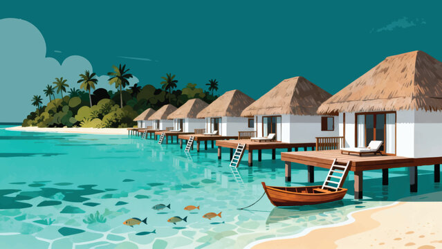 a luxury overwater bungalow resort, row of elegant thatched-roof bungalows on wooden stilts extending over crystal clear tropical lagoon, each bungalow with private deck and ladder down to water