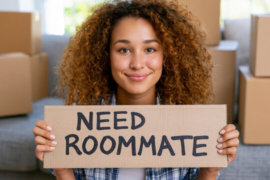 Young woman holding need roommate sign with moving boxes