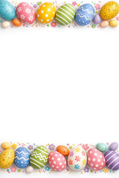 A blank square Easter greeting card template with a colorful border of decorative eggs and flowers.