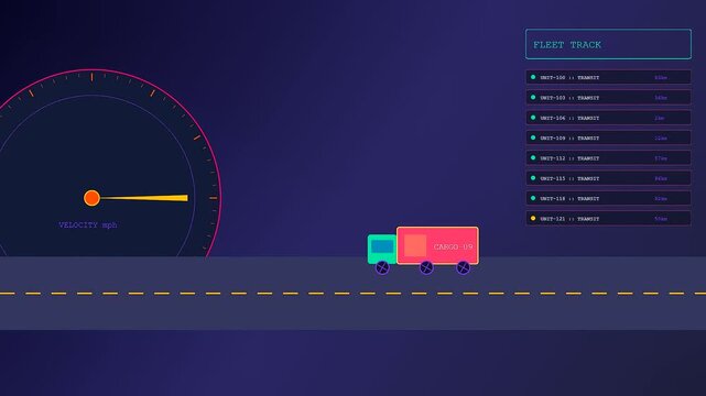 Autonomous delivery tracking dashboard interface displays a stylized truck moving across a digital road surface while monitoring real time logistics data for fleet management operations