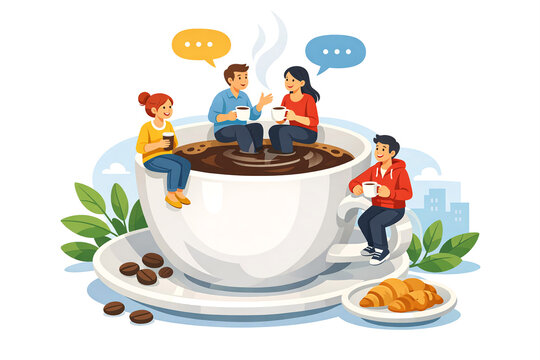 Four people sit inside giant coffee cup. They drink coffee and talk. Some coffee beans scattered around. Croissant on small plate nearby. Green leaves frame the scene