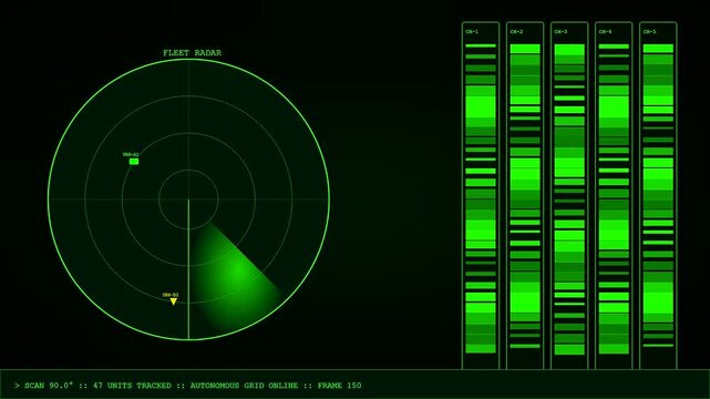 Autonomous delivery tracking dashboard showing multiple green radar scanners and data streams displayed on a digital screen interface for monitoring logistics movement across a global map