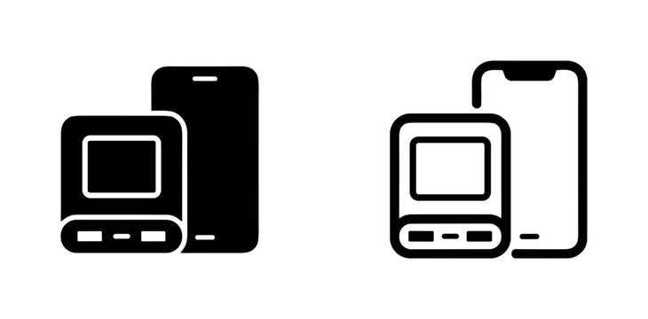 Two action cameras, one solid black and one outlined, on white background