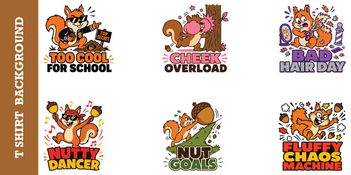 Squirrel mascot designs for apparel with humorous quotes about cool school and bad hair day.