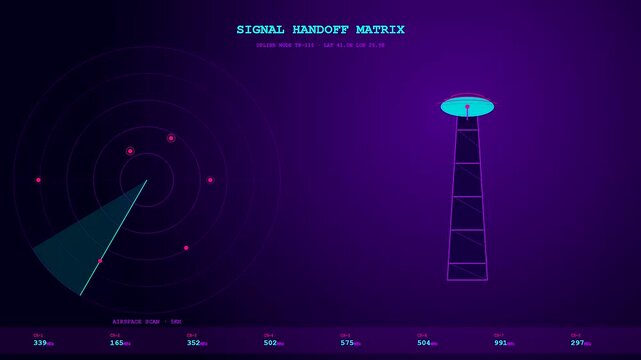 A digital screen interface featuring autonomous delivery tracking animation showing radar signals sweeping across a map with circular nodes and a static vertical tower graphic element
