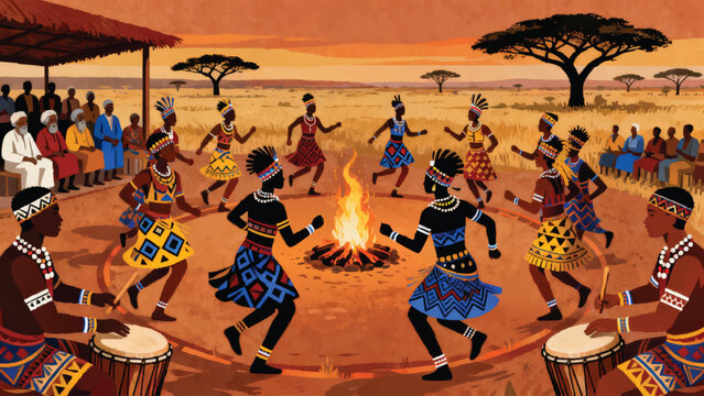 A traditional African communal dance celebration at sunset, circle of dancers in bold geometric tribal patterned attire moving energetically around central fire 