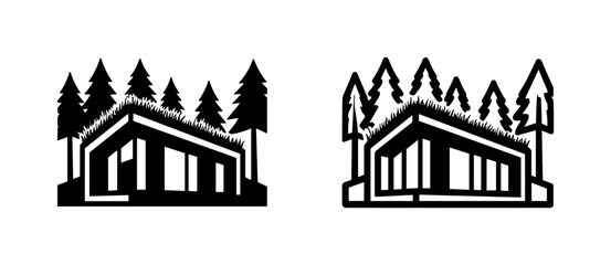 Obraz premium Modern Eco-Friendly House with Green Roof - Black and White Vector Icons