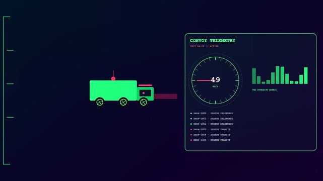 Autonomous delivery tracking display shows digital vehicle telemetry metrics with speed dials and status logs in a glowing green user interface for logistical monitoring systems
