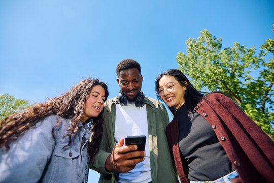 Group of Friends Looking at a Smartphone Outdoors on a Sunny Day