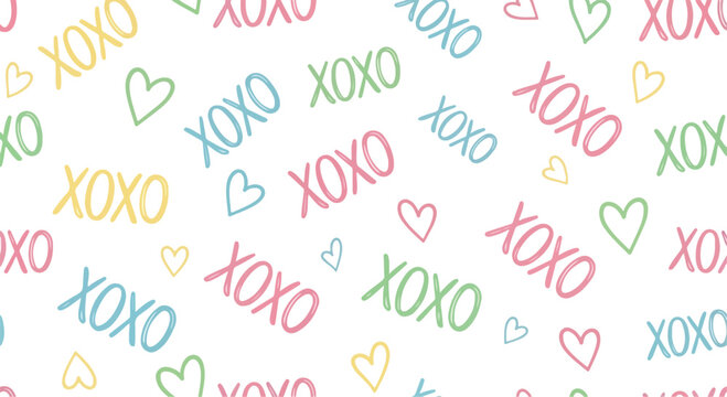 Colorful xoxo hearts pattern on white background for love and Valentine's Day designs