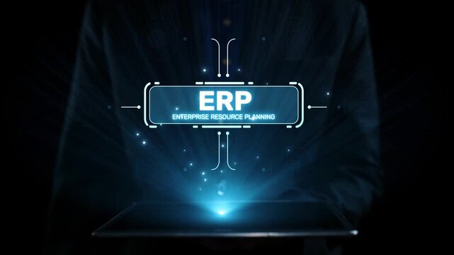 ERP platform visual showing centralized system for enterprise resource planning, improving integration, data flow, business efficiency, finance, inventory, and human resources. Elide