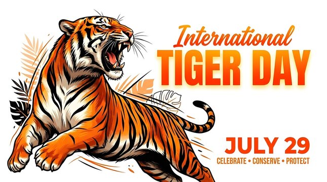 International tiger day july 29 celebrate conserve protect isolated on white background
