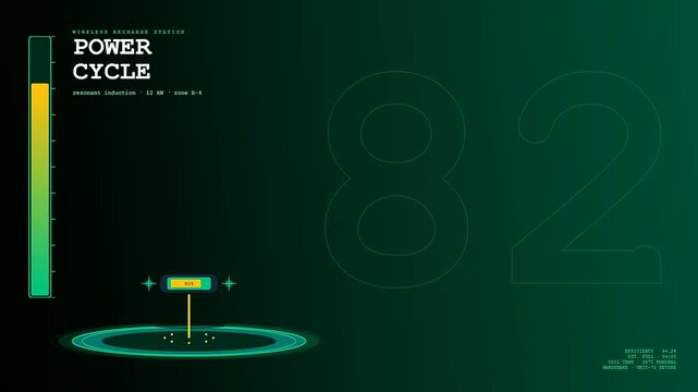 Autonomous delivery tracking interface displays a countdown of numbers as a wireless energy station monitors efficient charging levels with glowing green visuals in a modern system