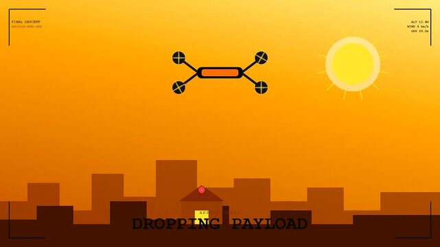 Autonomous delivery tracking interface displays a small multirotor aircraft descending over a silhouetted urban landscape during a vibrant orange sunset in a seamless video loop