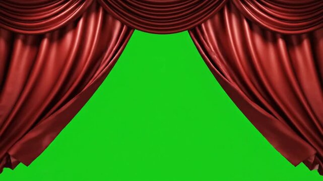 Red curtains wave and open in a theater setting, showing bright green background in a VSRExport production