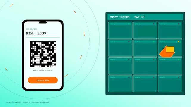 An autonomous delivery tracking sequence showcases a smartphone interface interacting with secure lockers to enable seamless parcel retrieval in a digital modern retail service environment loop