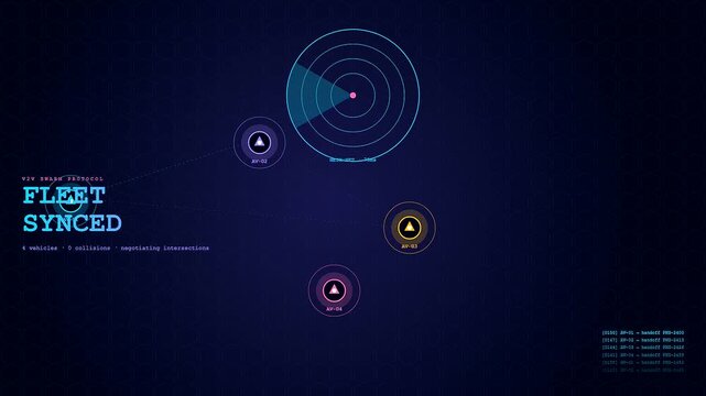 Autonomous delivery tracking dashboard interface displays multiple vehicle sensor nodes monitoring swarm traffic patterns with glowing light pulses in a synchronized virtual mapping grid system design