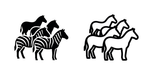 Fototapeta premium Herd of zebras and horses, black and white icon set