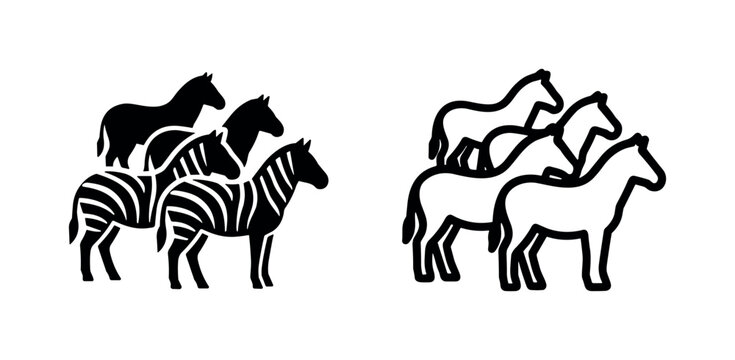 Herd of zebras and horses, black and white icon set