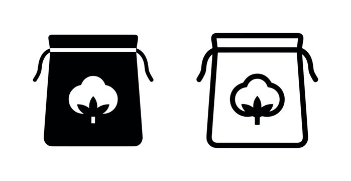 Cotton boll in a drawstring bag, black and white icon set