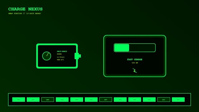 Autonomous delivery tracking interface screens showing dynamic charging status updates on a digital dashboard with neon green monochromatic graphics for modern vehicle fleet management systems