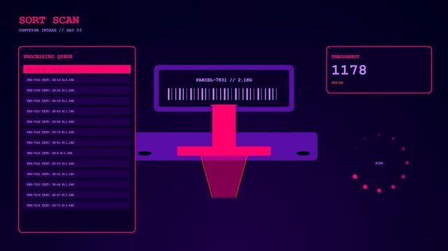 Autonomous delivery tracking appears on a futuristic monitor showing automated parcel processing streams with glowing data lines and numerical metrics in a dark digital logistics environment