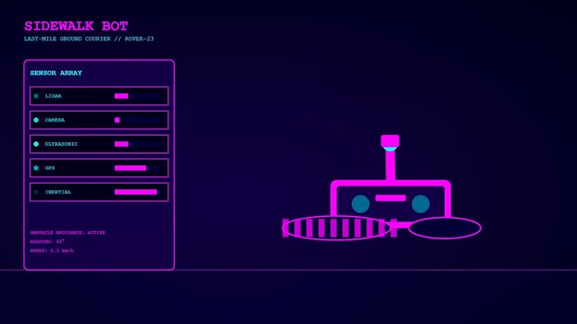 A digital autonomous delivery tracking interface displays real time sensor diagnostic readings for a small courier robot unit while it navigates through a dark virtual space