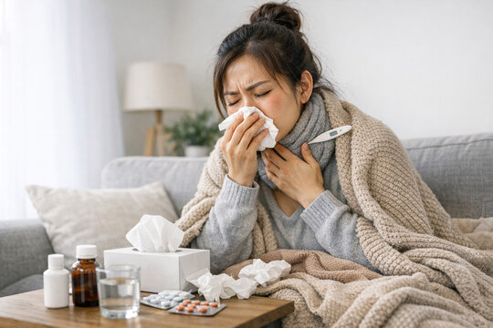 Sick woman sniffling into tissues while laying down.