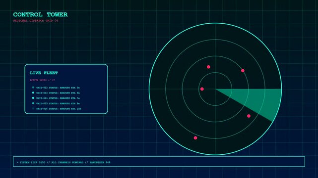 Autonomous delivery tracking interface screens showing digital radar scans with flickering green signals and pulsing red points on a dark grid for logistics network control monitoring