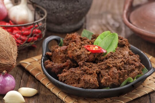 Rendang sapi is a meat-based dish produced from a long, low temperature cooking process using various spices and coconut milk.