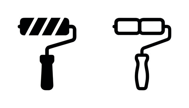 Textured paint roller icons, black and white, solid and outline, rounded rectangle background