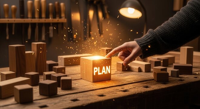 Hand Points to 'PLAN' Glowing Wooden Block in Workshop Creativity Concept