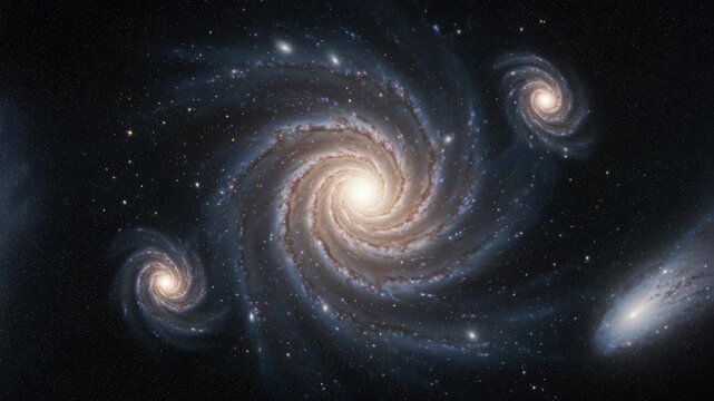 Cosmic Dance of Galaxies: A stunning visual representation of multiple spiral galaxies swirling in the vast expanse of the universe, showcasing the beauty and grandeur of the cosmos.