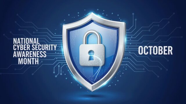 Cyber Security Awareness: A shield with a padlock overlay represents cyber security, emphasizing data protection and online safety.