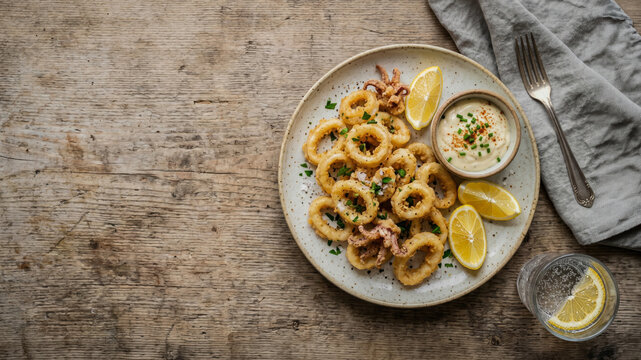 Golden fried calamari rings with lemon, sauce, and water on a rustic wood table featuring generous copy space.