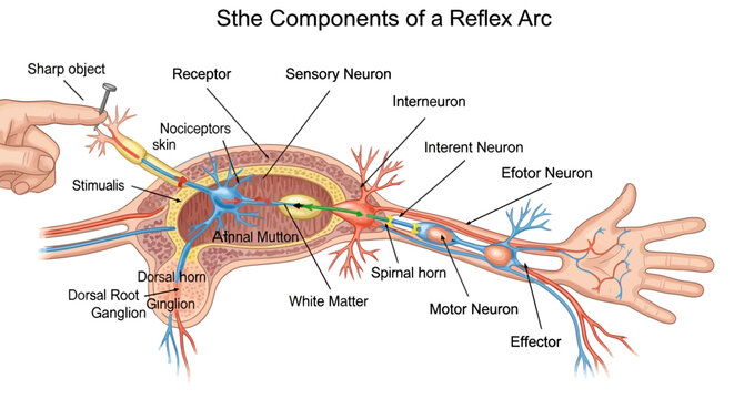 Detailed Diagram of Reflex Arc, Illustrating Nerve Pathways, Sensory Input, and Motor Response in Human Anatomy