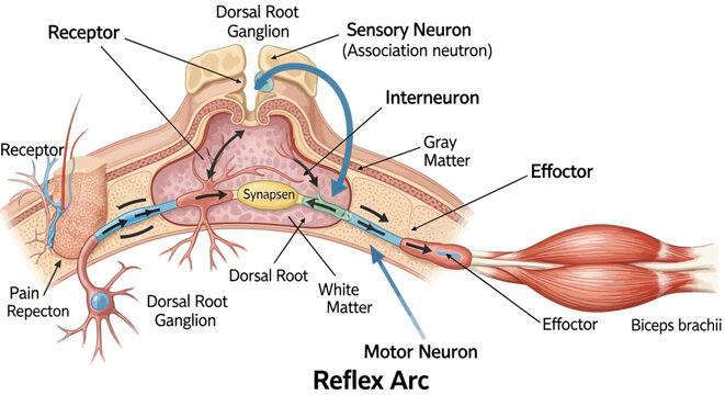 Reflex Arc Diagram illustrating the human nervous system's neural pathway from sensory receptor to effector muscle, showing neurons.