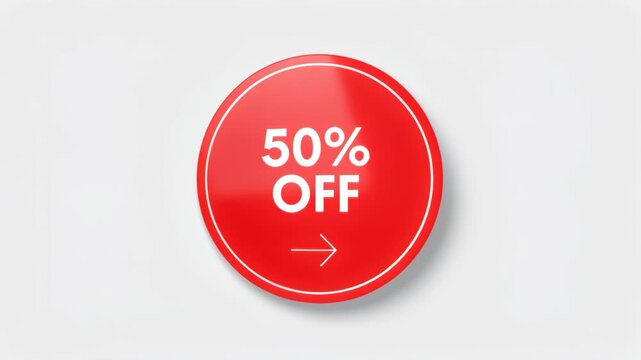 Fifty Percent Off Discount Sticker: A bright red, circular sticker prominently displays 50% OFF with an arrow pointing to the right, signaling a significant sale or promotion.
