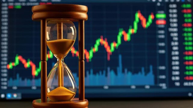 Time is Money: An hourglass sits in the foreground, with a fluctuating stock market graph displayed on a monitor in the background, symbolizing the passage of time and its impact on financial markets.