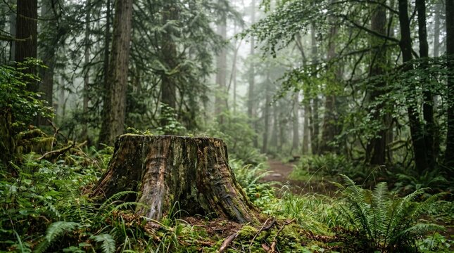 Mysterious large tree stump in a misty ancient forest. Moody atmospheric scene with lush green ferns, moss-covered ground and tall trees in thick fog. Pacific Northwest rainforest style landscape. Evo