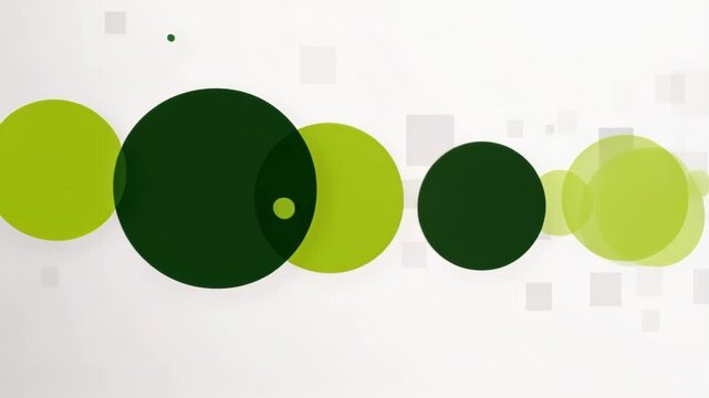 Abstract Geometric Design: A dynamic composition of overlapping circles and squares in shades of green and white, creating a modern and clean graphic element.