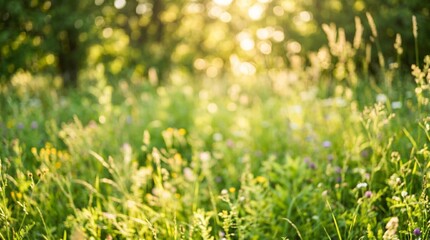 Fototapeta premium Beautiful summer meadow with wildflowers at sunset with golden sunlight