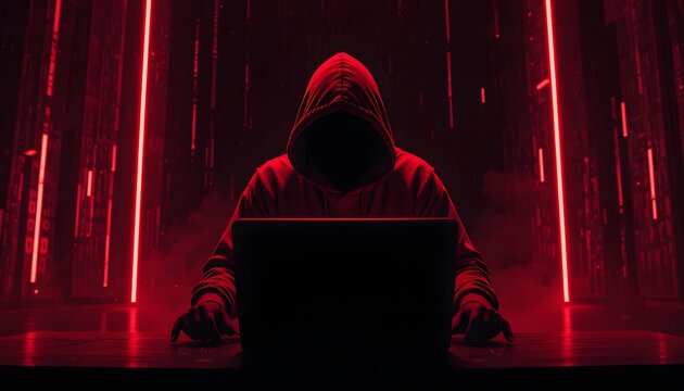 Hacker in hoodie working on laptop in dark room with red lights