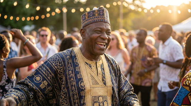 Cheerful African man dancing at outdoor cultural celebration