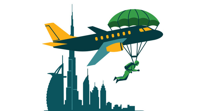 Colorful airplane with parachutist over city skyline illustration.