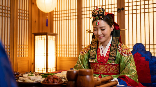 Traditional Korean woman wearing ceremonial bridal hanbok dress