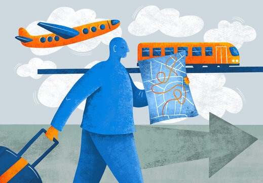 Travel plans are made with a map and suitcase in a busy scene