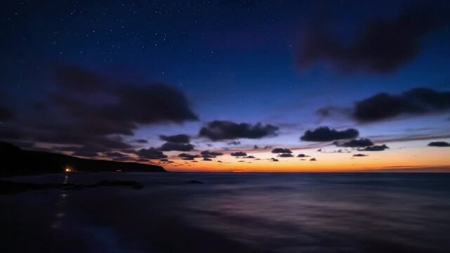 Sunset time lapse over the ocean with changing colors at the coast during evening hours